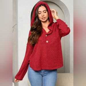 Long Sleeve Button Up Hooded Top/Red